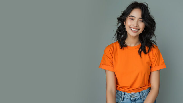 Malay woman wear orange casual t-shirt smile isolated