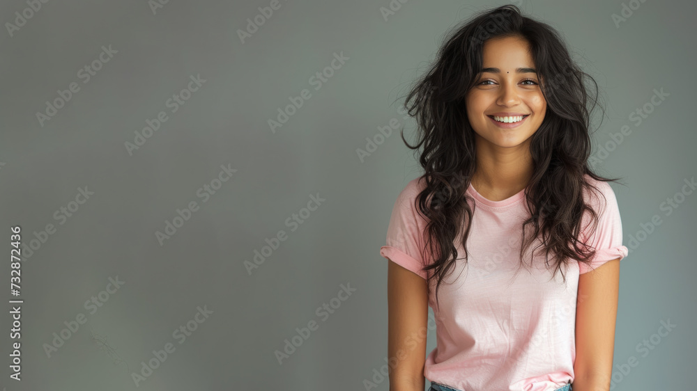 Wall mural indian woman wear pink casual t-shirt smile isolated