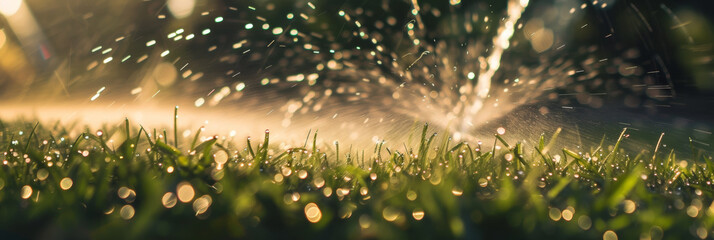a garden sprinkler spraying water onto grass, generative AI - obrazy, fototapety, plakaty