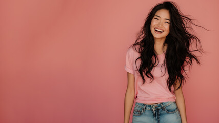 Malay woman wear pink casual t-shirt smile isolated
