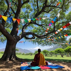 A monk meditating near the tree