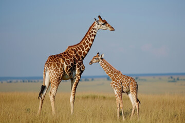 Obraz premium A giraffe with her cub, mother love and care in wildlife scene