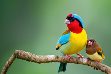 A Gouldian Finch with her cub, mother love and care in wildlife scene