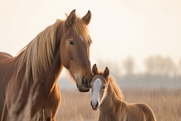 A horse with her cub, mother love and care in wildlife scene