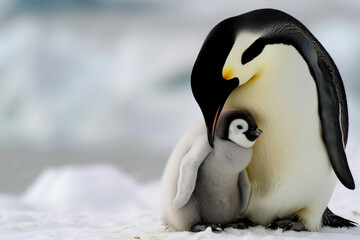 A penguin with her cub, mother love and care in wildlife scene