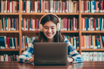 Happy Student with Headphones on Studying 