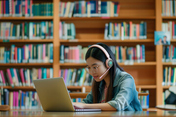 Happy Student with Headphones on Studying 