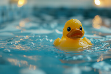 close-up of a rubber ducky in a bathtub with blue water