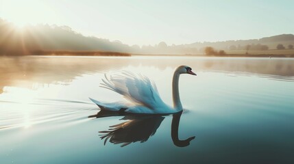 Graceful Swan Gliding Across Serene Lake AI Generated. - Powered by Adobe