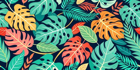 A lively and colorful Monstera leaf pattern flows smoothly