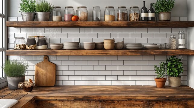 Kitchen interior. Wall mockup in kitchen interior background, Farmhouse style. Decor concept. Real estate concept. Art concept. Kitchen concept. Stylist concept. 3d render concept.