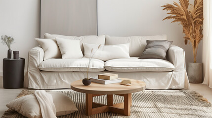 Fototapeta na wymiar Minimalist Neutral-Toned Living Room with Plush Sofa and Wooden Coffee Table