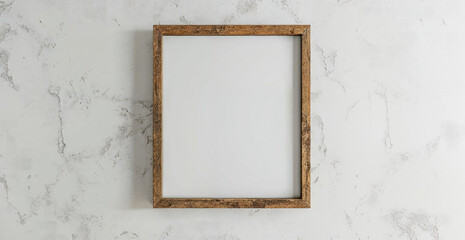 Realistic Square wooden frame with a white blank template hanging on a old white wall.