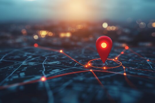 Red location marker on map over city background.
