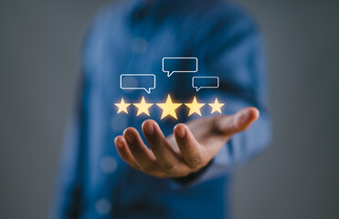 Customer Satisfaction Survey concept, 5-star satisfaction, service experience rating online application, customer evaluation product service quality, satisfaction feedback review, good quality most.