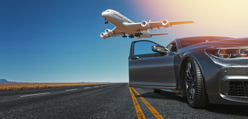 Side view of a luxury sports car and a runway with an airplane behind it, background, sky.