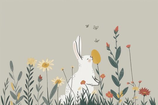 white easter bunny or rabbit sniffing on flowers illustration background. joyful funny spring holiday lifestyle traditional april event celebration concept card design