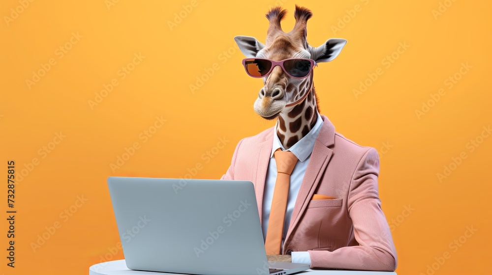 Aufkleber giraffe in suit using a laptop while working on bright pastel background. advertisement. presentatio