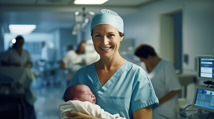 Nurse  gently carries a day-old infant, newborn baby, at a maternity ward of a hospital.