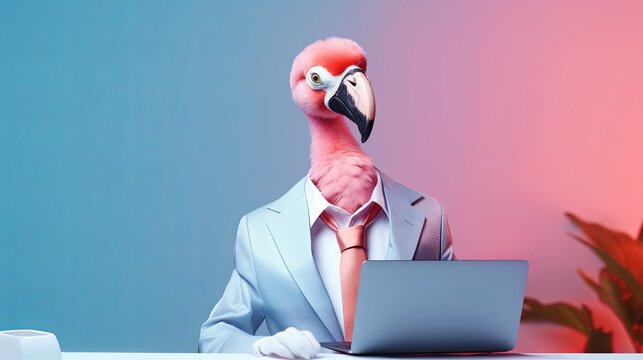 Flamingo bird in suit using a laptop while working on bright pastel background. advertisement. presentation. commercial. editorial. copy text space.