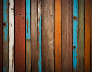 Vintage countryside background with vertically arranged colorful wooden planks. - obrazy, fototapety, plakaty
