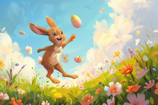 brown easter bunny or rabbit playing or juggling with colorful painted egg surrounded by flowers. joyful funny spring holiday lifestyle traditional april event celebration illustration cartoon design.