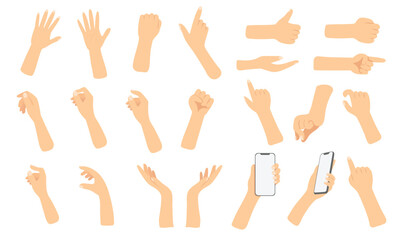 Hands pose, Hand holding mobile phone, palm pointing at something on white background. vector set in flat style isolated. - obrazy, fototapety, plakaty