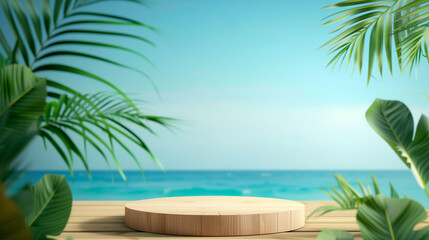Fototapeta na wymiar Summer product display on the wooden podium at Sea Tropical Beach.