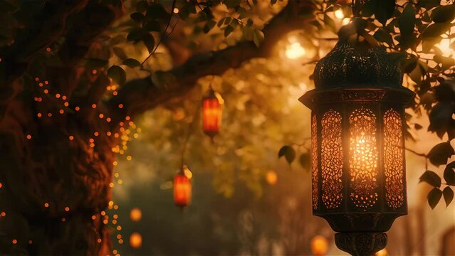 Lanterns in the garden with beautiful bokeh.
