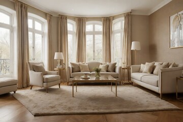 Luxurious cozy living room interior design with chic soft beige furniture,  golden table, wooden floor, and huge window.