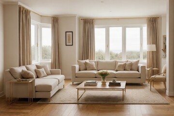 Luxurious cozy living room interior design with chic soft beige furniture,  golden table, wooden floor, and huge window.