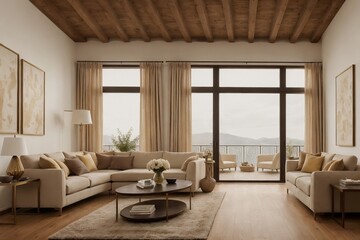 Luxurious cozy living room interior design with chic soft beige furniture,  golden table, wooden floor, and huge window.