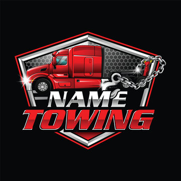Towing truck service logo design. Wrecker and towing truck service illustration logo vector  