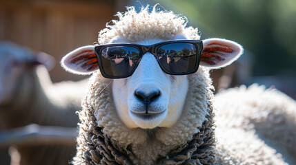 Fototapeta premium funny Sheep portrait in sunglasses. goat wearing sunglasses. Funny hipster sheep. AI Generative