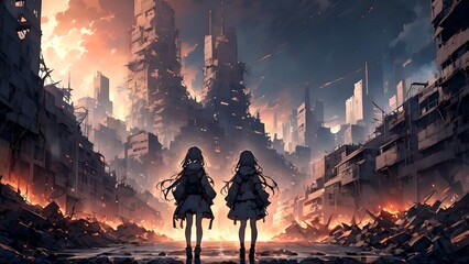 Two anime girls against the backdrop of the apocalypse, anime wallpaper, anime