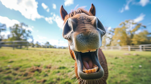 Funny horse. Funny portrait of a young horse clowning and snooting around. AI Generative
