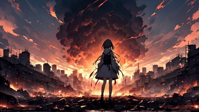 Fototapeta Anime girl against the backdrop of the apocalypse, background, anime background, wallpaper