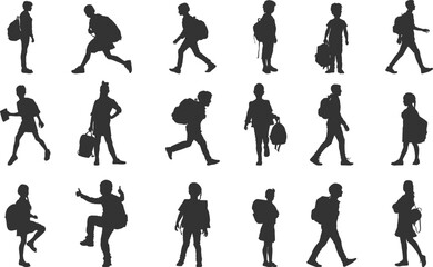 Group of children carrying school bags going to school silhouette, Children with schoolbag black silhouettes, Child carrying school bag silhouettes, Back to school kid carrying bay silhouette.