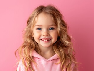 little caucasian girl with colorful sweatshirt in professional colorful photo studio background