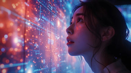 Asian woman in Technology and AI Revolutionizing Digital Innovation Worldwide. Female Engineer Navigating the artificial intelligence Landscape of Explore the Future, Tomorrow, and Futuristic Concept. - obrazy, fototapety, plakaty