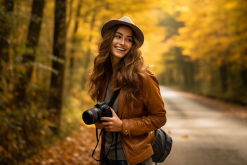 Young woman photographer on forest path in Autumn.