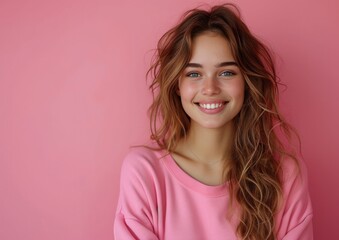 Fototapeta premium caucasian girl with colorful sweatshirt in professional colorful photo studio background