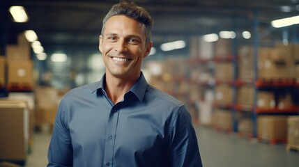 Portrait of a happy and confident male warehouse manager standing in a distribution warehouse with his management expertise in logistics and supply chain.