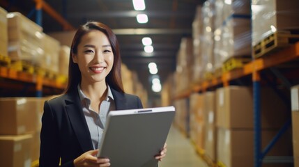 Portrait of a happy and confident Asian female warehouse manager with a clipboard standing in a distribution warehouse with his management expertise in logistics and supply chain.
