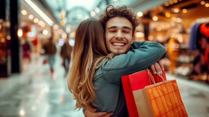 Obraz premium Couple in love shopping. Hugs in the shopping center - a romantic mood.