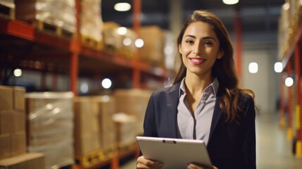 Portrait of a happy and confident female warehouse manager with a clipboard standing in a distribution warehouse with his management expertise in logistics and supply chain.