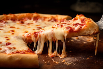 Delicious pan of cheese pizza with one slice being lift up. Generative AI