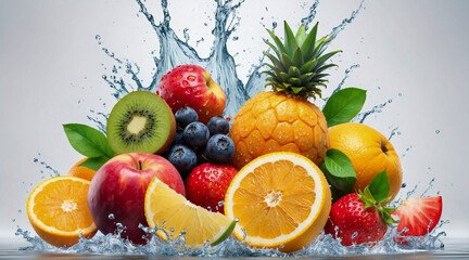 Various Fruits with Water Splash on white background
