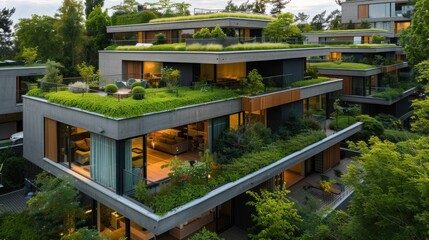 Modern residential district with green roof and balcony.