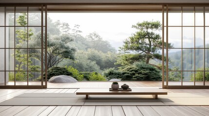 view form window,minimalist wallpeper of zen gerden japan,copy space. 